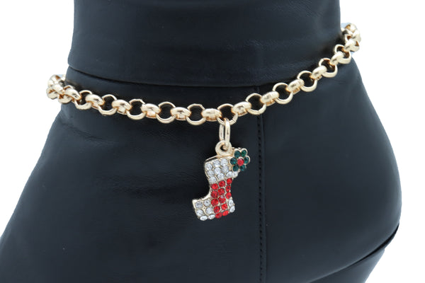 Women Gold Metal Chain Boot Bracelet Shoe Anklet Holiday Stocking Bling Charm Adjustable One Size Band