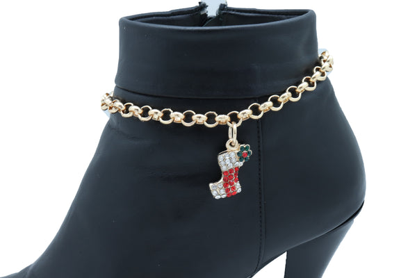Women Gold Metal Chain Boot Bracelet Shoe Anklet Holiday Stocking Bling Charm Adjustable One Size Band