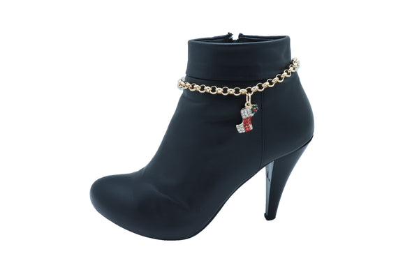 Women Gold Metal Chain Boot Bracelet Shoe Anklet Holiday Stocking Bling Charm Adjustable One Size Band