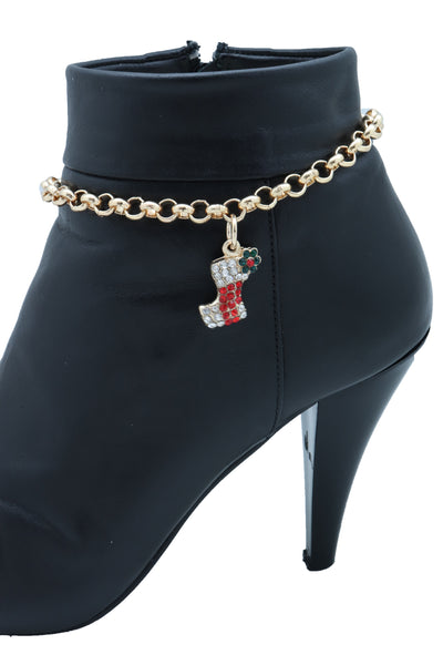 Women Gold Metal Chain Boot Bracelet Shoe Anklet Holiday Stocking Bling Charm Adjustable One Size Band