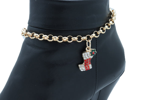 Women Gold Metal Chain Boot Bracelet Shoe Anklet Holiday Stocking Bling Charm Adjustable One Size Band