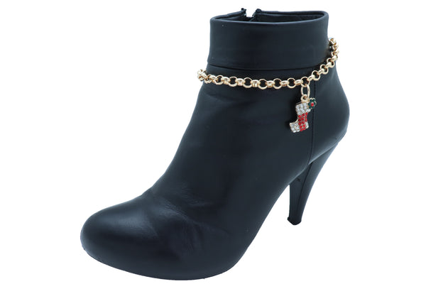 Women Gold Metal Chain Boot Bracelet Shoe Anklet Holiday Stocking Bling Charm Adjustable One Size Band