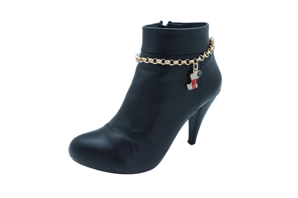 Women Gold Metal Chain Boot Bracelet Shoe Anklet Holiday Stocking Bling Charm Adjustable One Size Band