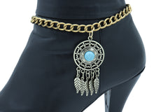 Women Rusty Gold Metal Boot Chain Bracelet Shoe Feather Turquoise Blue Charm Ethnic Adjustable Size Band