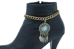 Antique Gold Metal Boot Chain Bracelet Shoe Feather Turquoise Blue Charm Ethnic