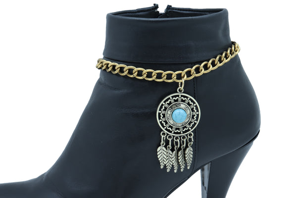 Women Rusty Gold Metal Boot Chain Bracelet Shoe Feather Turquoise Blue Charm Ethnic Adjustable Size Band