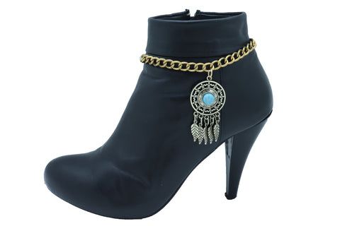 Brand New Women Antique Gold Metal Boot Chain Bracelet Shoe Feather Turquoise Blue Charm Ethnic