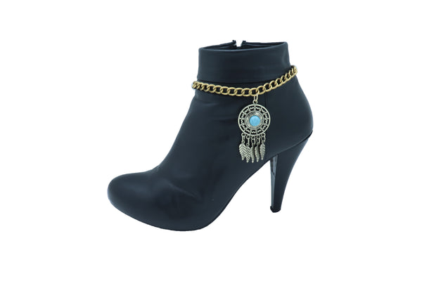 Brand New Women Antique Gold Metal Boot Chain Bracelet Shoe Feather Turquoise Blue Charm Ethnic