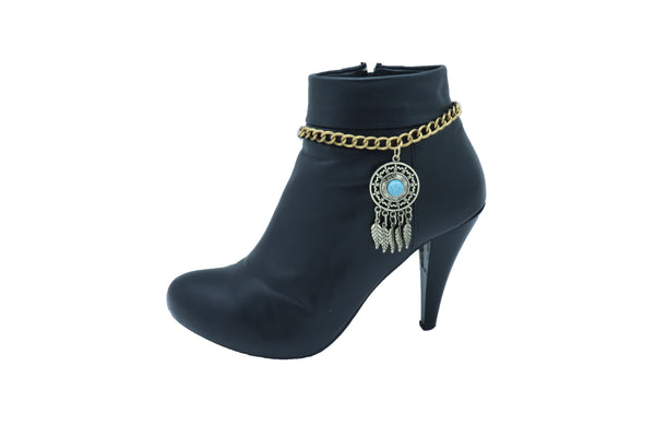 Women Rusty Gold Metal Boot Chain Bracelet Shoe Feather Turquoise Blue Charm Ethnic Adjustable Size Band