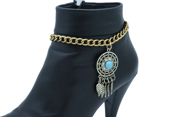 Women Rusty Gold Metal Boot Chain Bracelet Shoe Feather Turquoise Blue Charm Ethnic Adjustable Size Band