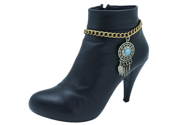 Brand New Women Antique Gold Metal Boot Chain Bracelet Shoe Feather Turquoise Blue Charm Ethnic