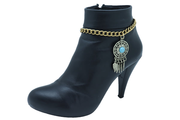 Women Rusty Gold Metal Boot Chain Bracelet Shoe Feather Turquoise Blue Charm Ethnic Adjustable Size Band