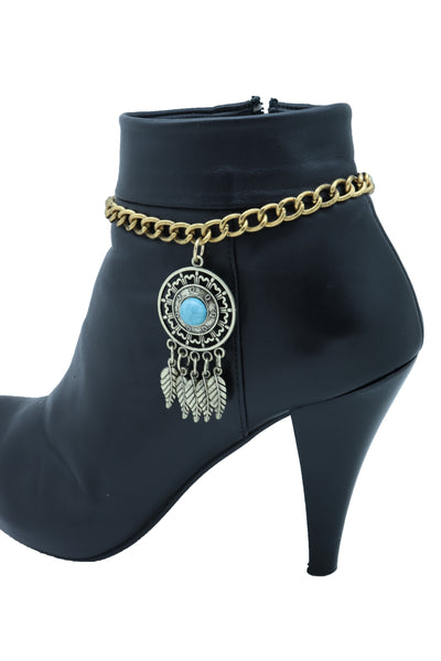 Women Rusty Gold Metal Boot Chain Bracelet Shoe Feather Turquoise Blue Charm Ethnic Adjustable Size Band