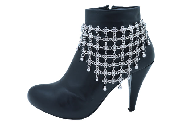 Brand New Women Silver Metal Chain Boot Bracelet Shoe Flower Net Charm Western Anklet Bell
