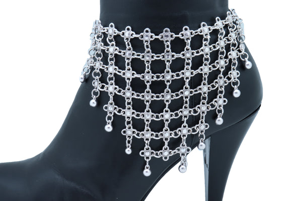 Brand New Women Silver Metal Chain Boot Bracelet Shoe Flower Net Charm Western Anklet Bell