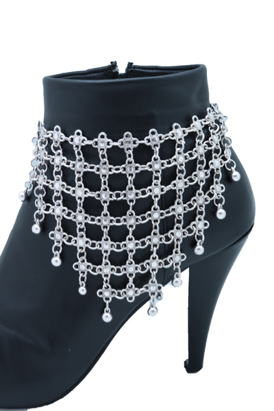 Brand New Women Silver Metal Chain Boot Bracelet Shoe Flower Net Charm Western Anklet Bell