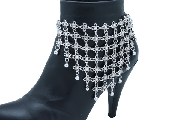 Brand New Women Silver Metal Chain Boot Bracelet Shoe Flower Net Charm Western Anklet Bell