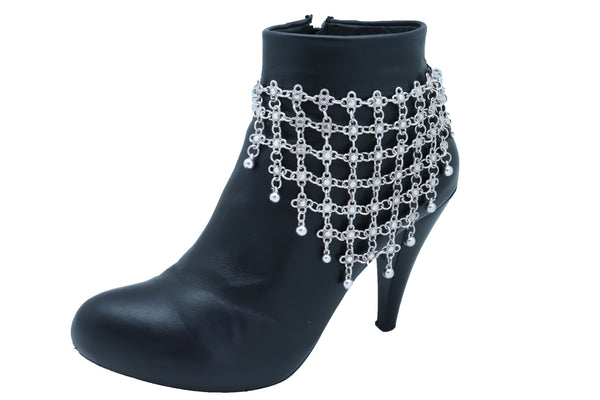 Women Silver Metal Chain Boot Bracelet Shoe Flower Net Charm Western Anklet Bell Adjustable Band Size