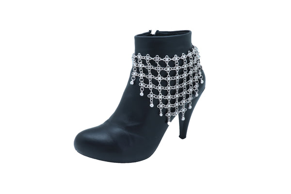 Women Silver Metal Chain Boot Bracelet Shoe Flower Net Charm Western Anklet Bell Adjustable Band Size