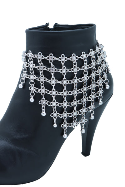 Brand New Women Silver Metal Chain Boot Bracelet Shoe Flower Net Charm Western Anklet Bell