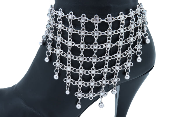 Women Silver Metal Chain Boot Bracelet Shoe Flower Net Charm Western Anklet Bell Adjustable Band Size