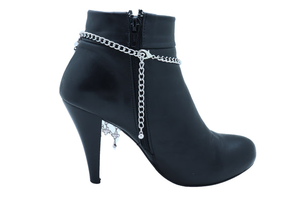 Women Silver Metal Chain Boot Bracelet Shoe Flower Net Charm Western Anklet Bell Adjustable Band Size
