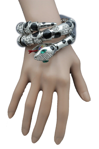 Silver Black Metal Wrap Around Bangle Bracelet Cobra Snake Elastic Women Fashion Accessories