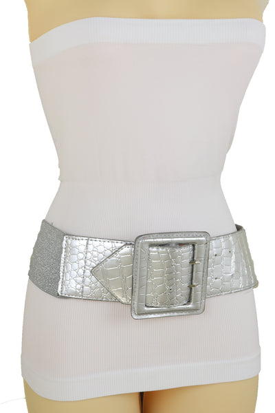 Brand New Women Hip Waist Silver Faux Leather Wide Elastic Belt Big Square Buckle M L XL