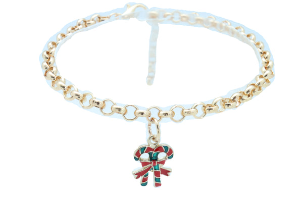 New Women Gold Metal Boot Chain Bracelet Christmas Shoe Candy Cane Charm Jewelry Adjustable Size Band