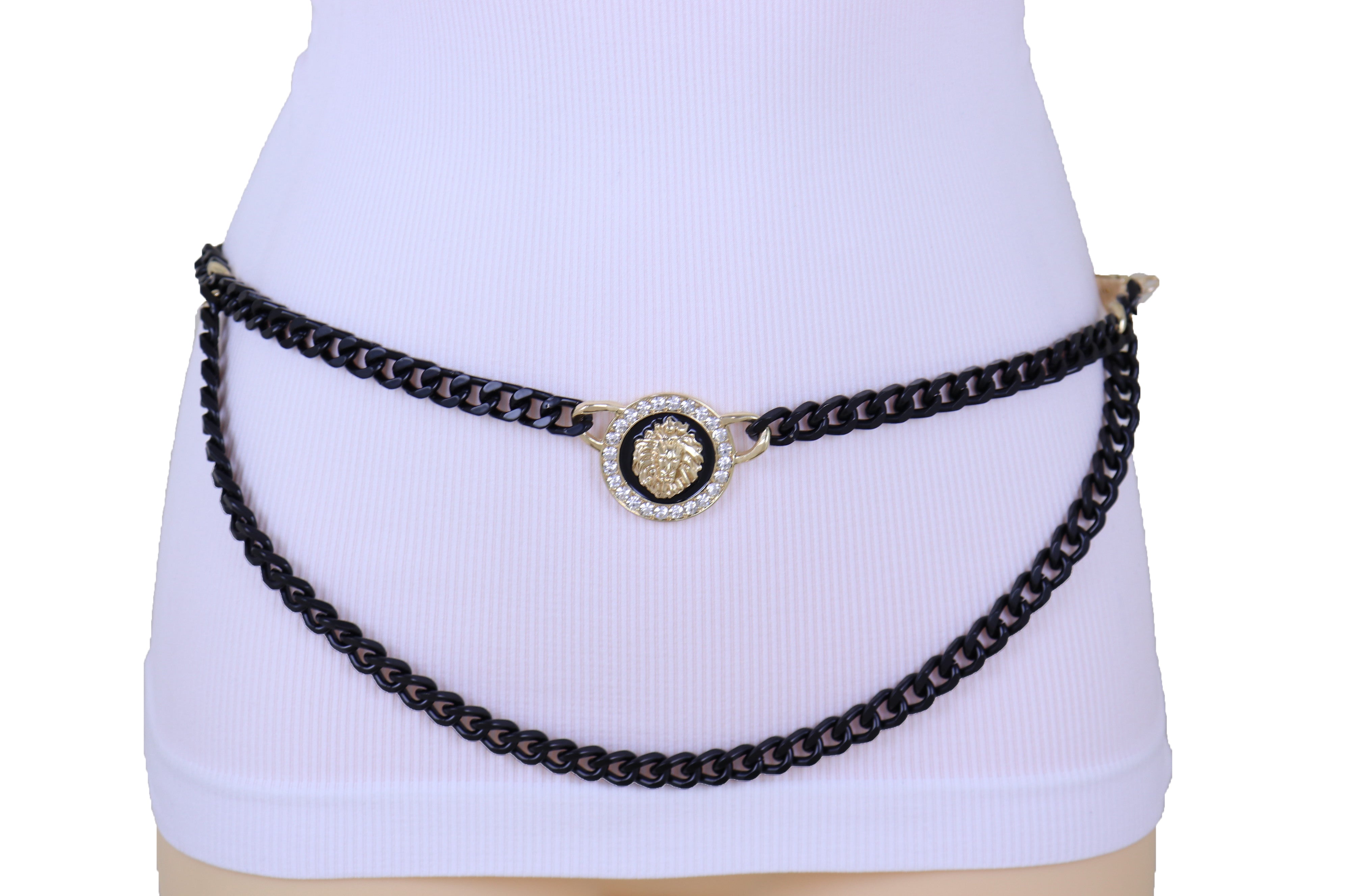 Women Black Metal Chain Urban Fashion Belt Hip High Waist # Gold Metal Lion  Medallion Coin Size M L XL