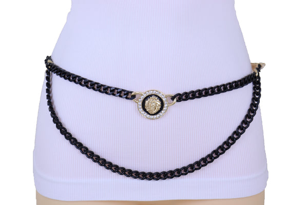 Sexy Look Women Fashion Belt Hip Waist Black Gold Metal Chain Bling Lion Charm Size M L XL