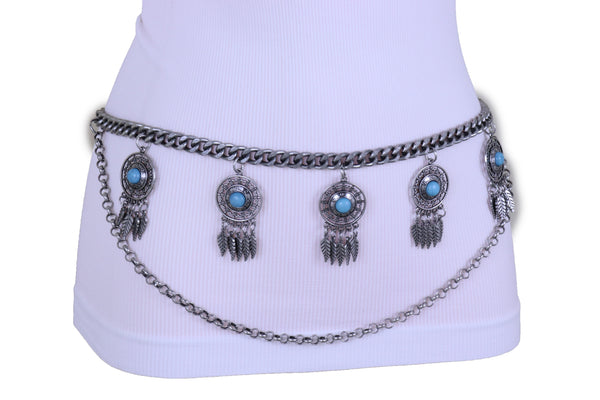 Women Antique Silver Metal Chain Western Belt Feather Turquoise Charms Fits Sizes XS S M