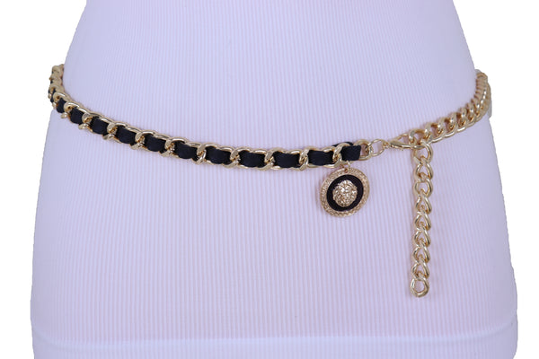 Women Fashion Gold Metal Chain Links Black Sexy Belt Lion Medallion Charm Fit Sizes XS S M