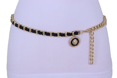 Gold Metal & Black Fabric Skinny Chain Belt with Lion Medallion Clasp End