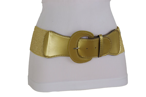 Brand New Women Gold Color Wide Elastic Band Fashion Belt Hip Waist Bling Studs Buckle M L