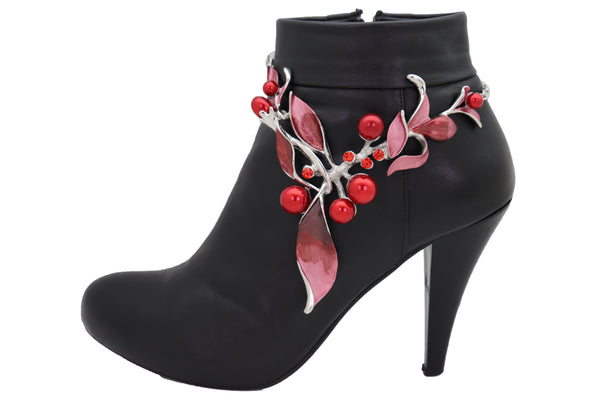 Brand New Women Silver Metal Boot Chain Bracelet Western Shoe Charm Jewelry Hot Red Flower