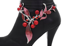 Silver Metal Boot Chain Bracelet Western Shoe Charm Jewelry Hot Red Flower