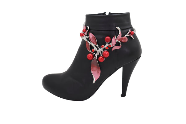 Brand New Women Silver Metal Boot Chain Bracelet Western Shoe Charm Jewelry Hot Red Flower