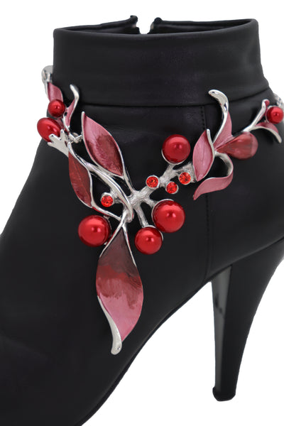 Brand New Women Silver Metal Boot Chain Bracelet Western Shoe Charm Jewelry Hot Red Flower