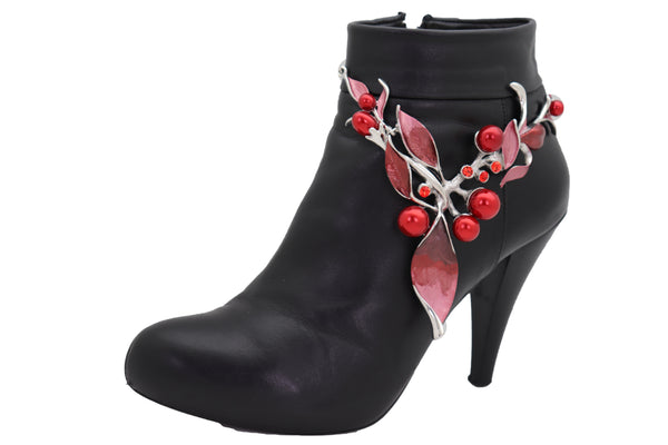 Brand New Women Silver Metal Boot Chain Bracelet Western Shoe Charm Jewelry Hot Red Flower