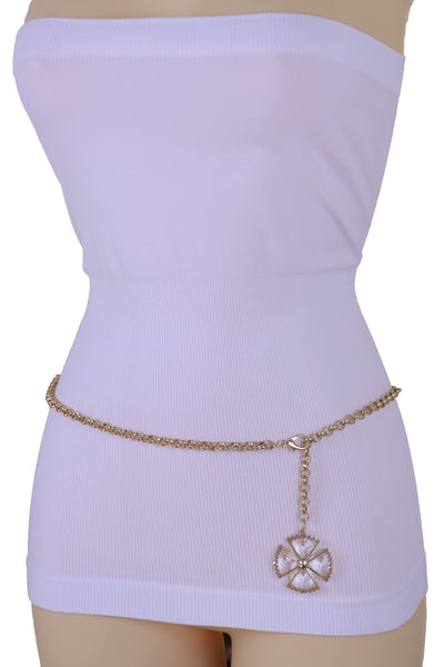 Women Fashion Belt Gold Metal Chain Links Waistband Flower Bling Charm Fits Sizes M L XL