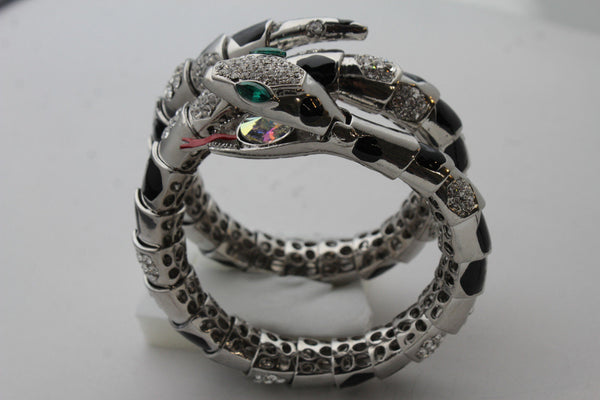 Silver Black Metal Wrap Around Bangle Bracelet Cobra Snake Elastic Women Fashion Accessories