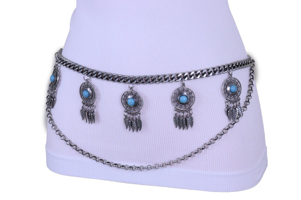Women Antique Silver Metal Chain Western Belt Feather Turquoise Charms Fits Sizes XS S M