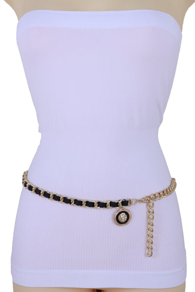 Women Fashion Gold Metal Chain Links Black Sexy Belt Lion Medallion Charm Fit Sizes XS S M