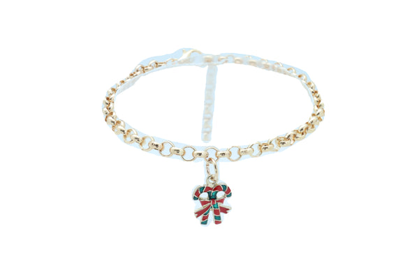New Women Gold Metal Boot Chain Bracelet Christmas Shoe Candy Cane Charm Jewelry Adjustable Size Band