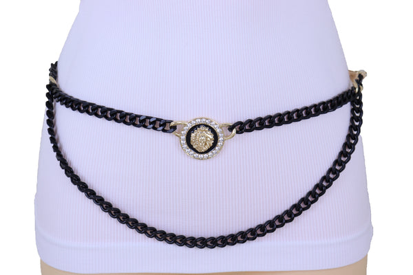 Sexy Look Women Fashion Belt Hip Waist Black Gold Metal Chain Bling Lion Charm Size M L XL