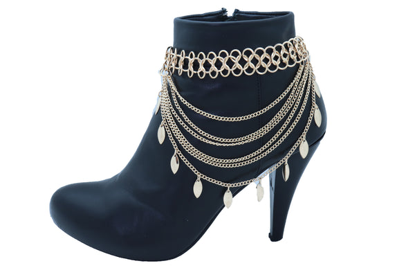 Women Gold Metal Chain Boot Bracelet Anklet Shoe Leaf Charm Jewelry Wave Strands One Size