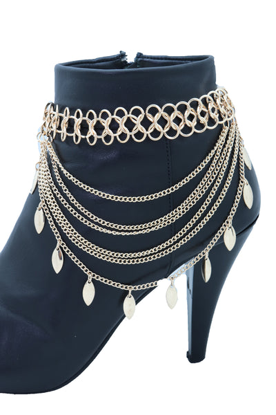 Women Gold Metal Chain Boot Bracelet Anklet Shoe Leaf Charm Jewelry Wave Strands One Size