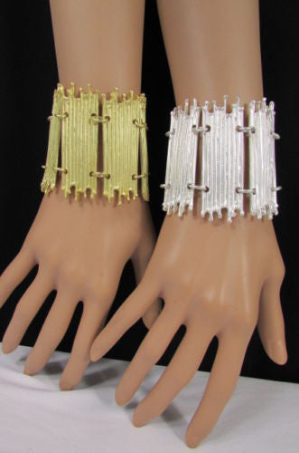 Gold Silver Metal Wide Elastic Stretch Bracelet Bamboo Plates New Women Fashion Jewelry Accessories - alwaystyle4you - 1