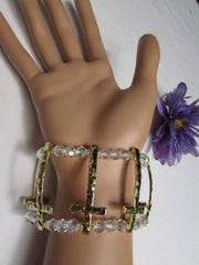 Gold Crosses Elastic Metal Cuff Bracelet Clear Beaded Trendy New Women Fashion Jewelry Accessories - alwaystyle4you - 2
